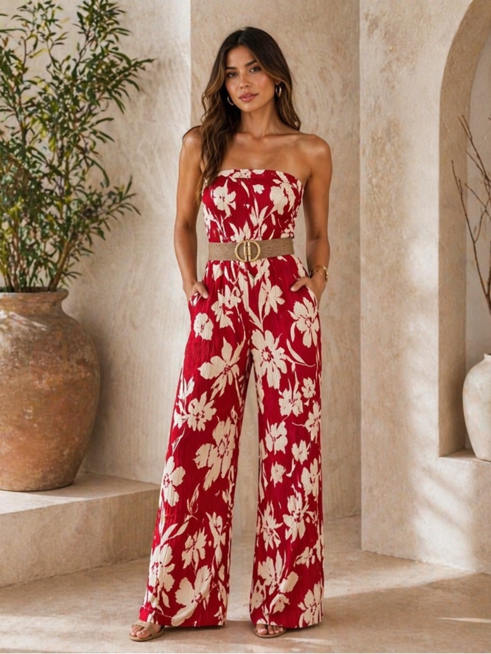 Elegant Red Floral Jumpsuit